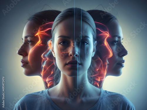 Concept of female mental health. Woman suffering from uncontrollable thoughts, overwhelmed with inner conflict and anxiety, mental illness. Banner for mental health awareness concept.