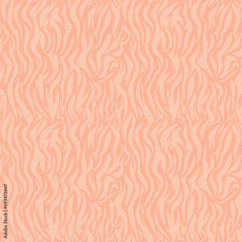 Zebra fur seamless pattern with color of the year 2024 Peach. Texture of striped animal skin. Fashion and luxury textile design. Ideal for print, fabric, backdrop, cover, banner, wrapping paper.