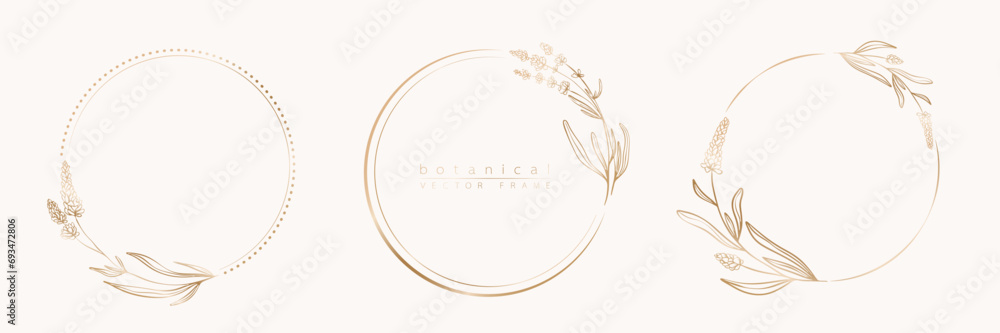 Botanical golden circle frame set. Hand drawn round line border, leaves and flowers for wedding invitation and cards, logo design, social media and posters template. Elegant minimal floral vector. Botanical golden circle frame set. Hand drawn round line border, leaves and flowers for wedding invitation and cards, logo design, social media and posters template. Elegant minimal floral vector.