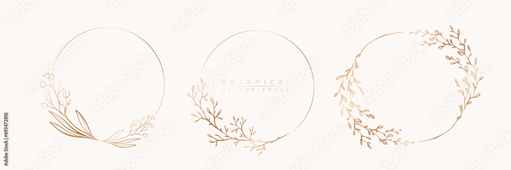 Botanical golden circle frame set. Hand drawn round line border, leaves and flowers for wedding invitation and cards, logo design, social media and posters template. Elegant minimal floral vector.	 - obrazy, fototapety, plakaty 