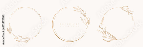 Botanical golden circle frame set. Hand drawn round line border, leaves and flowers for wedding invitation and cards, logo design, social media and posters template. Elegant minimal floral vector.	