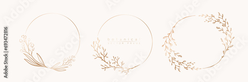 Botanical golden circle frame set. Hand drawn round line border, leaves and flowers for wedding invitation and cards, logo design, social media and posters template. Elegant minimal floral vector.	