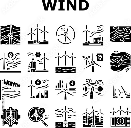 wind turbine power energy farm icons set vector. electric environment, generator industry, sustainable green, renewable turbine, mill wind turbine power energy farm glyph pictogram Illustrations