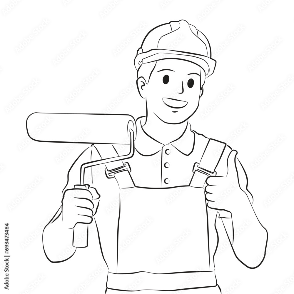 builder man construction uniform holding paint roller pose character cartoon illustration