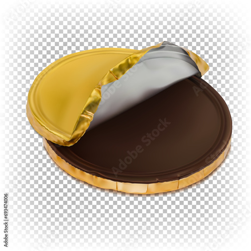 Vector 3d realistic illustration of chocolate coin in gold foil isolated on white background. Sweet dessert, Christmas treat.