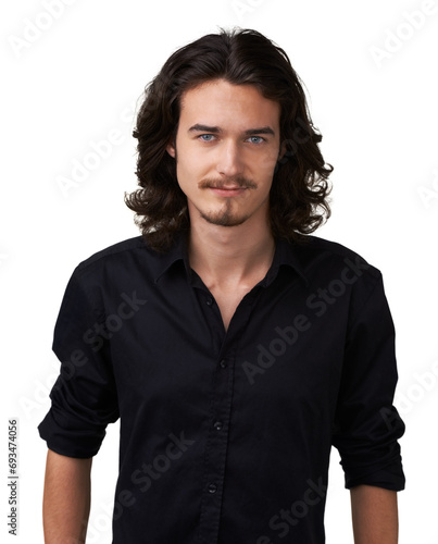 Fashion portrait, shirt and studio man with semi formal outfit, style or confident pride in apparel, relax attire and stare. Clothes, smile and stylish male model with long hair on white background photo