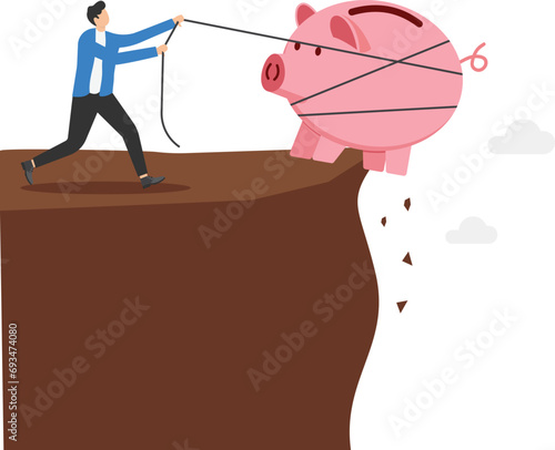 Businessman trying to save his pink piggy bank. Financial problems of debt or loan. Modern vector illustration in flat style

