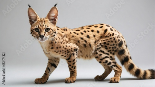 Serval cat on the move, showcasing its spotted coat and long limbs, in a studio setting that highlights the animal's agile nature.