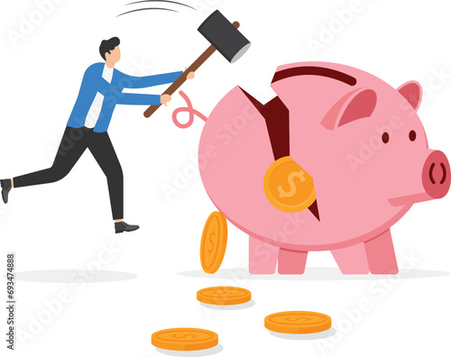 Angry businessman with a sledgehammer about to break piggy bank to find money. Using savings. Flat vector illustration.

