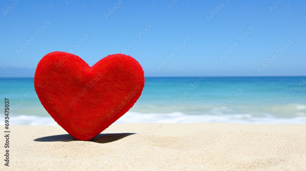 Red Heart on Sandy Beach with Ocean Horizon Background Red Heart on Sandy Beach with Ocean Horizon Background