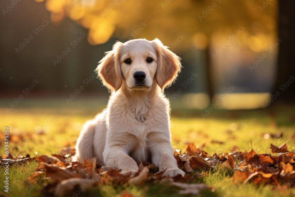 A beautiful dog lies in the grass and looks at the camera in a meadow in the rays of the setting sun against the background of autumn trees. Walking with pets. A beautiful dog lies in the grass and looks at the camera in a meadow in the rays of the setting sun against the background of autumn trees. Walking with pets.