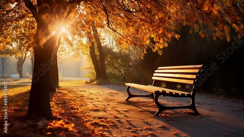 Bench in the park at sunrise. Autumn landscape with sunbeams