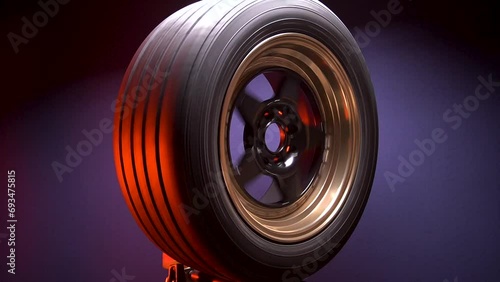 stylish car titanium rims in black and bronze color with fifteen radius shelves in red light in dark room photo