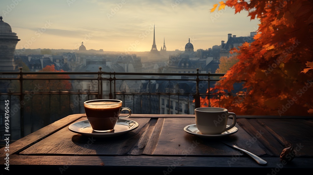 Coffee cup on table with beautiful autumn landscape and city background Coffee cup on table with beautiful autumn landscape and city background