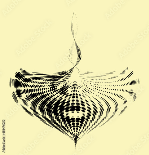 Halftone rolled polka dot mandala with radial dotted rays and top curled extension. Lightening the right side with space for copying text. Whirlabout shape. For logos, trademarks, emblems. Vector.