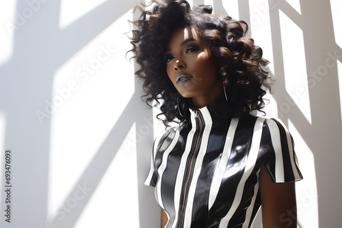 A strikingly stylish black female model exudes confidence and elegance, showcasing a captivating blend of contemporary fashion trends