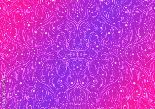 Wallpaper Mural Hand-drawn abstract seamless ornament. Neon gradient (plastic pink to proton purple) background and glowing pattern on it. Cloth texture. Digital artwork, A4. (pattern: p11-2a) Torontodigital.ca