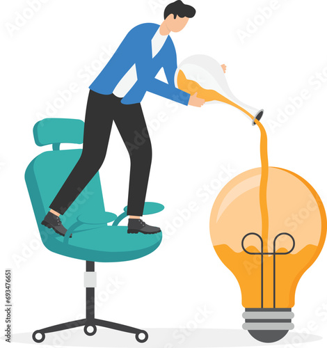 Experimentation, research or test new ideas, discover success solutions or experiment new business ideas, innovative or invention concepts, businessmen with flask mixing experiment light bulb ideas.

