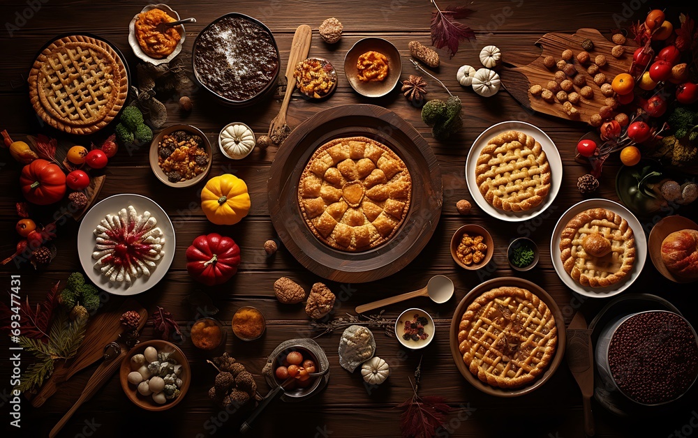 Autumn table setting with apple pie, berries and nuts on wooden background