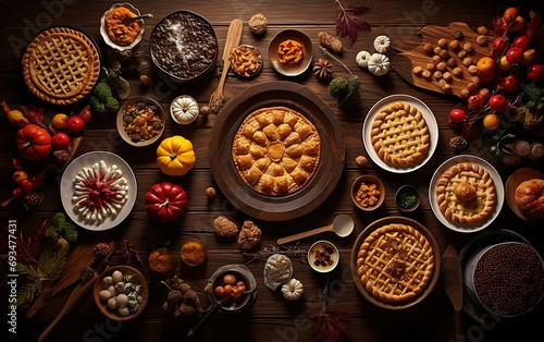 Autumn table setting with apple pie, berries and nuts on wooden background