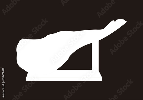Plantilla en blanco y negro con la silueta de una pata de jamón ibérico o serrano colocada en un jamonero