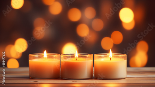 Burning candles on cozy wooden table 