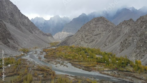 Drone footage of Skardu Valley in autumn season Located In Gilgit-Baltistan, Pakistan photo