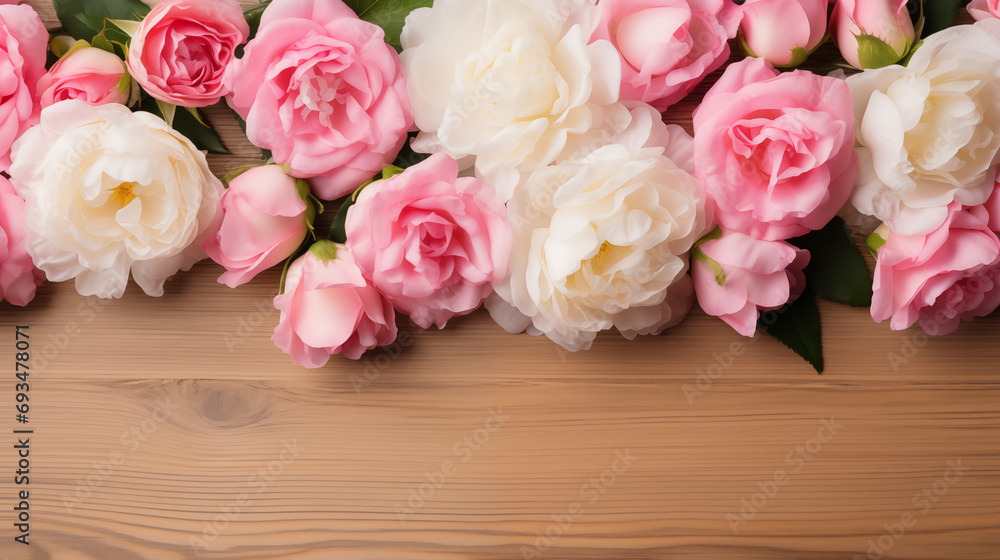 Lush Pink and White Flowers Arranged on Wooden Surface