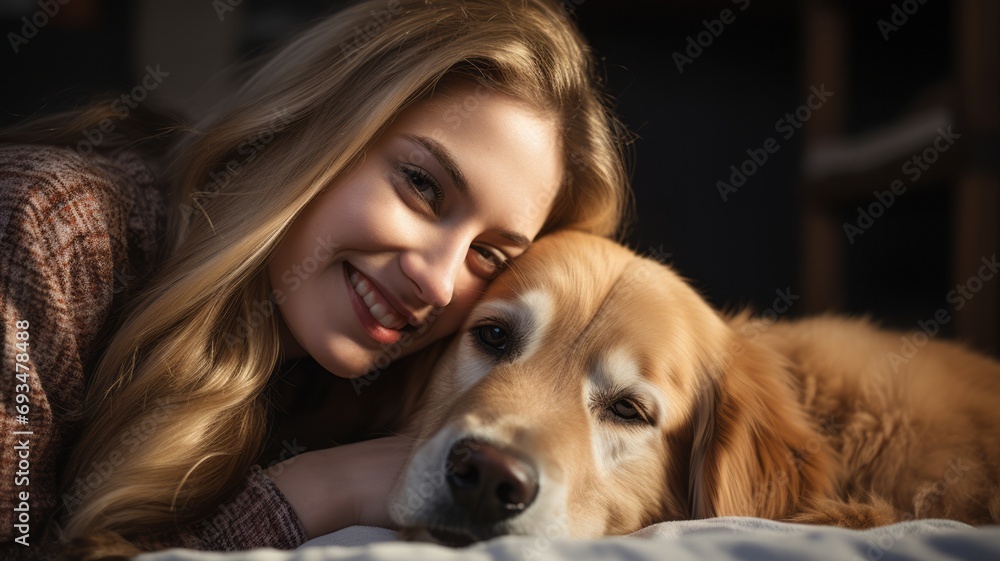 Portrait of a beautiful young woman hugging a Cocker spaniel dog, close-up Portrait of a beautiful young woman hugging a Cocker spaniel dog, close-up