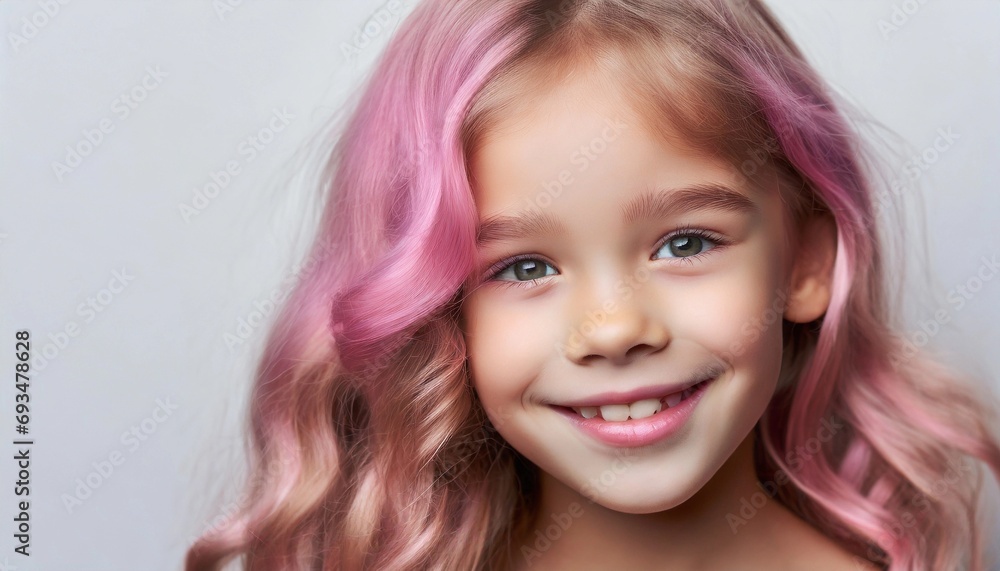 Portrait of young girl with pink curly hair