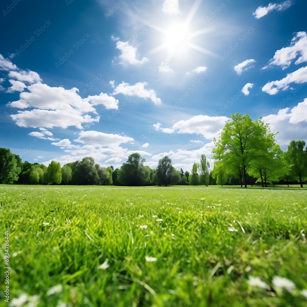 Green grass in the park with sunlight and bokeh background, shallow depth of field