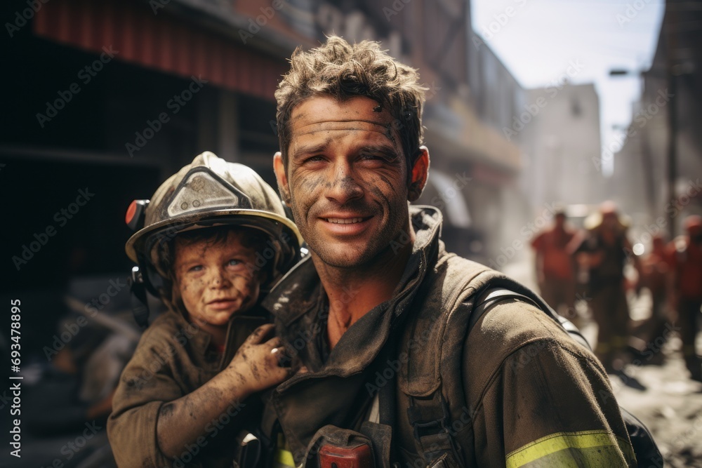 A dirty firefighter rescued a child from a burning building. A male rescuer with a rescued child in a fire helmet on the background of the ruins of a burnt-out building. Saves a child's life.
