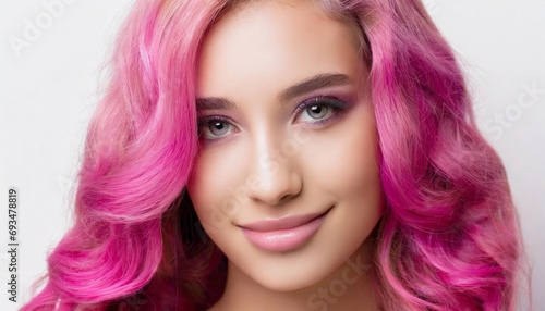 Portrait of young girl with pink curly hair. Beautiful female smiling