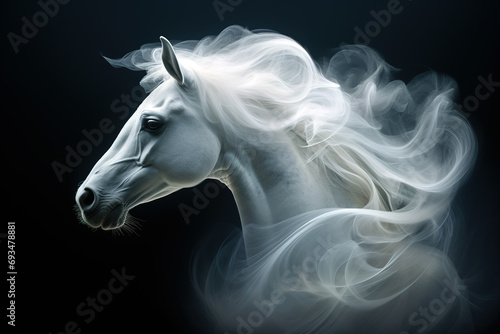 Abstract of white horse head have smoke and fog on black background. Mammals, Wildlife Animals, Illustration, Generative AI. photo