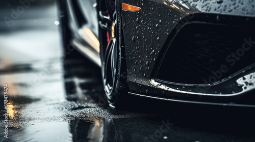 Car wet, A car in the rain the focus is on the tires, Close-up of car tires on wet, AI Generative © Nijieimu