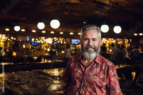 mature adult man in night life in a bar or disco, vacation in a beach bar