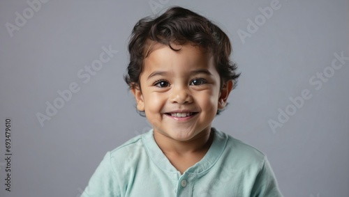 Hispanic toddler with a radiant smile and curly hair, dressed in a light green tee, against a simple grey backdrop, embodying pure joy.