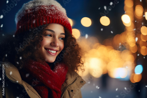 Festive Cheer: Woman Delights in Snowy Christmas Glow