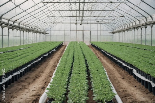 long shot greenhouse plant rows