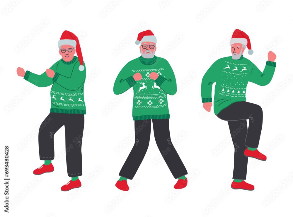 Ugly Christmas Sweater Party. Dancing senior men in green ugly sweaters with deer. Cheerful active seniors. Old men have fun and dance. Elderly people. Vector