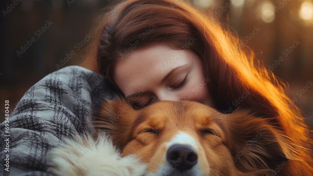 Portrait of a beautiful young woman hugging a dog on a blurred autumn background. Close-up. Portrait of a beautiful young woman hugging a dog on a blurred autumn background. Close-up.