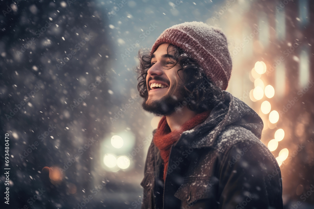 Festive Joy: Man Delights in Snowy Christmas Glow