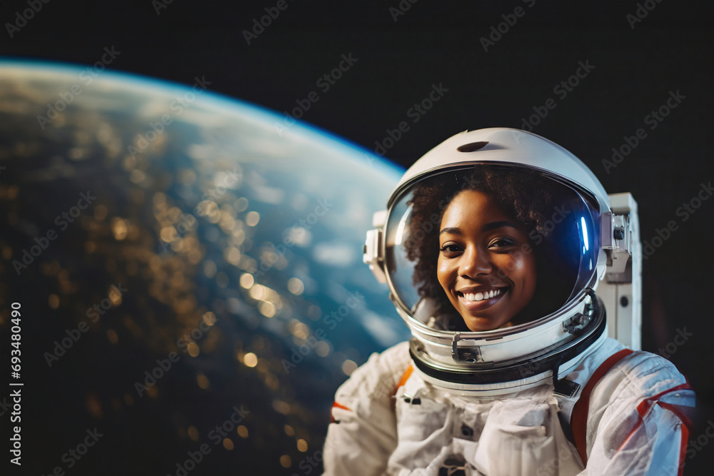 Young adult woman, multi ethnic, 20s 30s, female astronaut wearing astronaut suit with helmet and glass visor Young adult woman, multi ethnic, 20s 30s, female astronaut wearing astronaut suit with helmet and glass visor