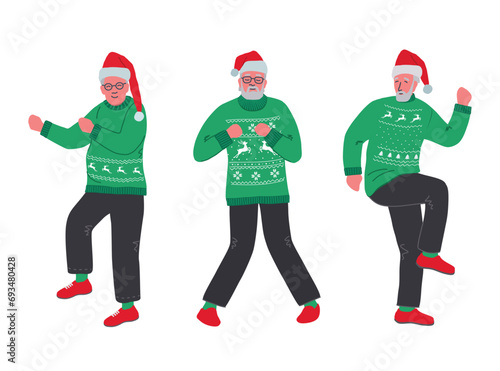 Ugly Christmas Sweater Party. Dancing senior men in green ugly sweaters with deer. Cheerful active seniors. Old men have fun and dance. Elderly people. Vector