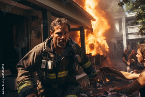 A dirty rescue firefighter comes out of a burning building. A male rescuer in overalls on the background of a burning building.