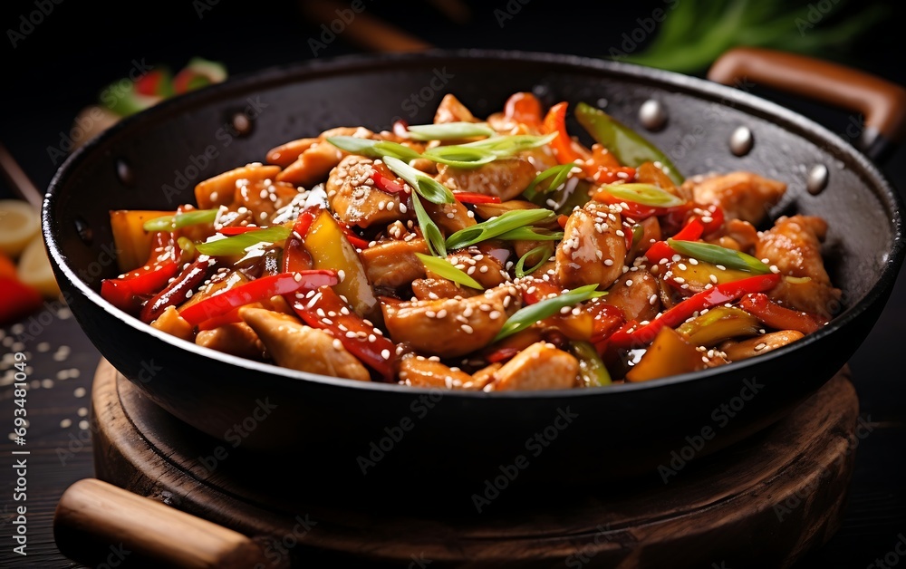 stir-fried chicken with vegetables in a wok on dark background