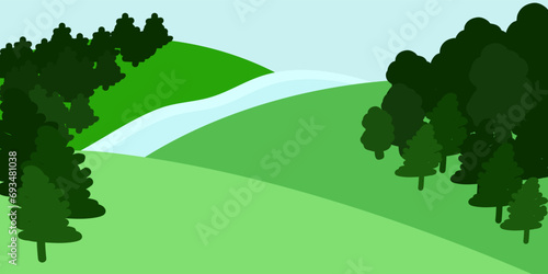 Green meadow and river on Rural hills landscape. vector illustration, blue sky background, forest.