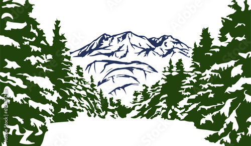 Mountain landscape silhouette illustration drawing in woodcut style with snowy winter forest