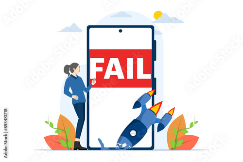 Concept of Failed to start a business. Missing the target, spinning arrow, space rocket launch business failure metaphor. Failed businessman. Modern flat cartoon style. Vector illustration.