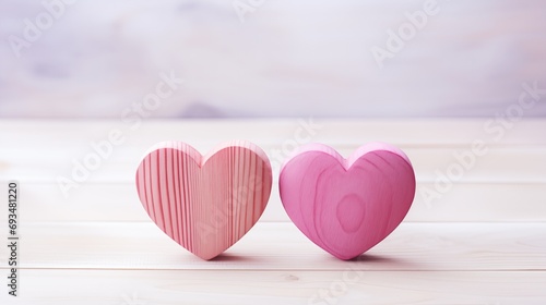 Close up of two wooden hearts on wooden table against defocused background.